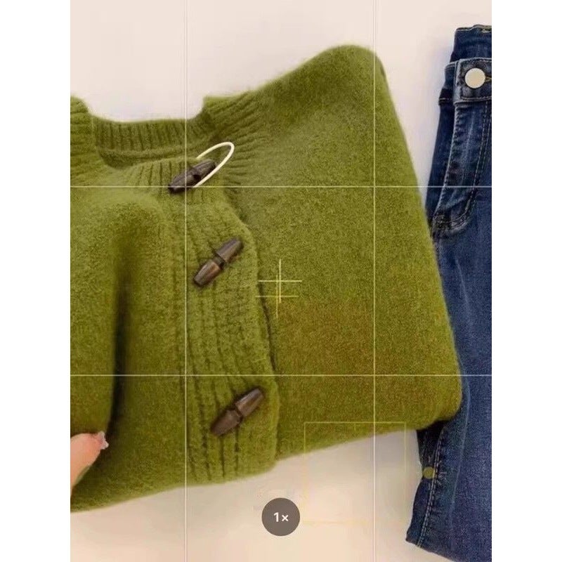 Green Horn Button Knitted Cardigan For Women, European Style Raccoon Fleece Thickened Winter Outerwear Sweater Jacket New Arrival - Image 5